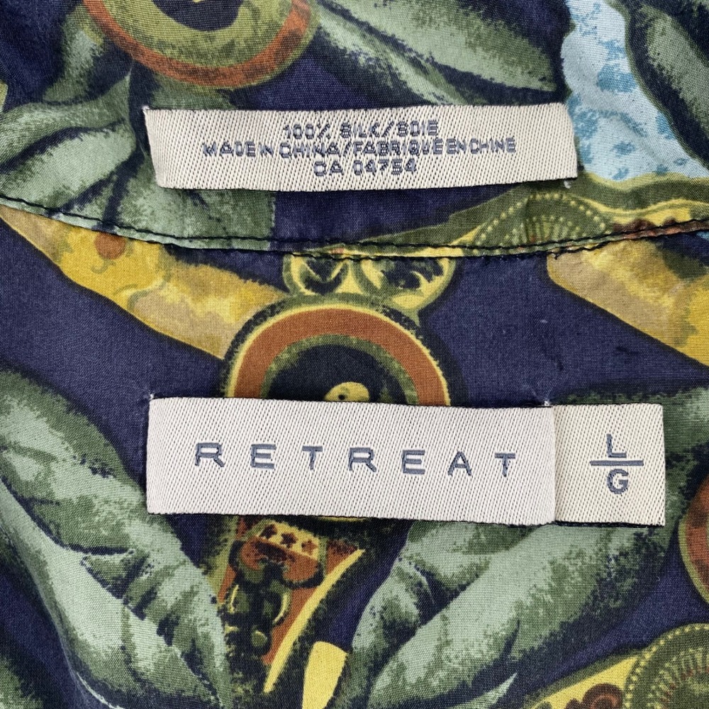 Retreat Mens Large Silk Button Down Shirt Cigar Tobacco Leaf Print Blue Green - Picture 2 of 6